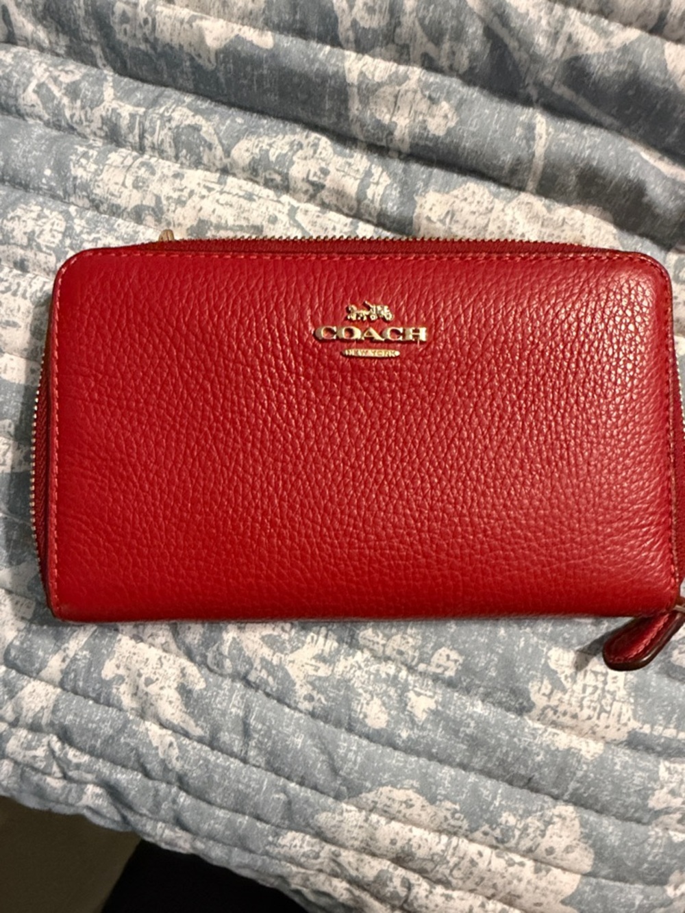 Coach Red Pebbled Leather Zip Wallet with Gold Logo